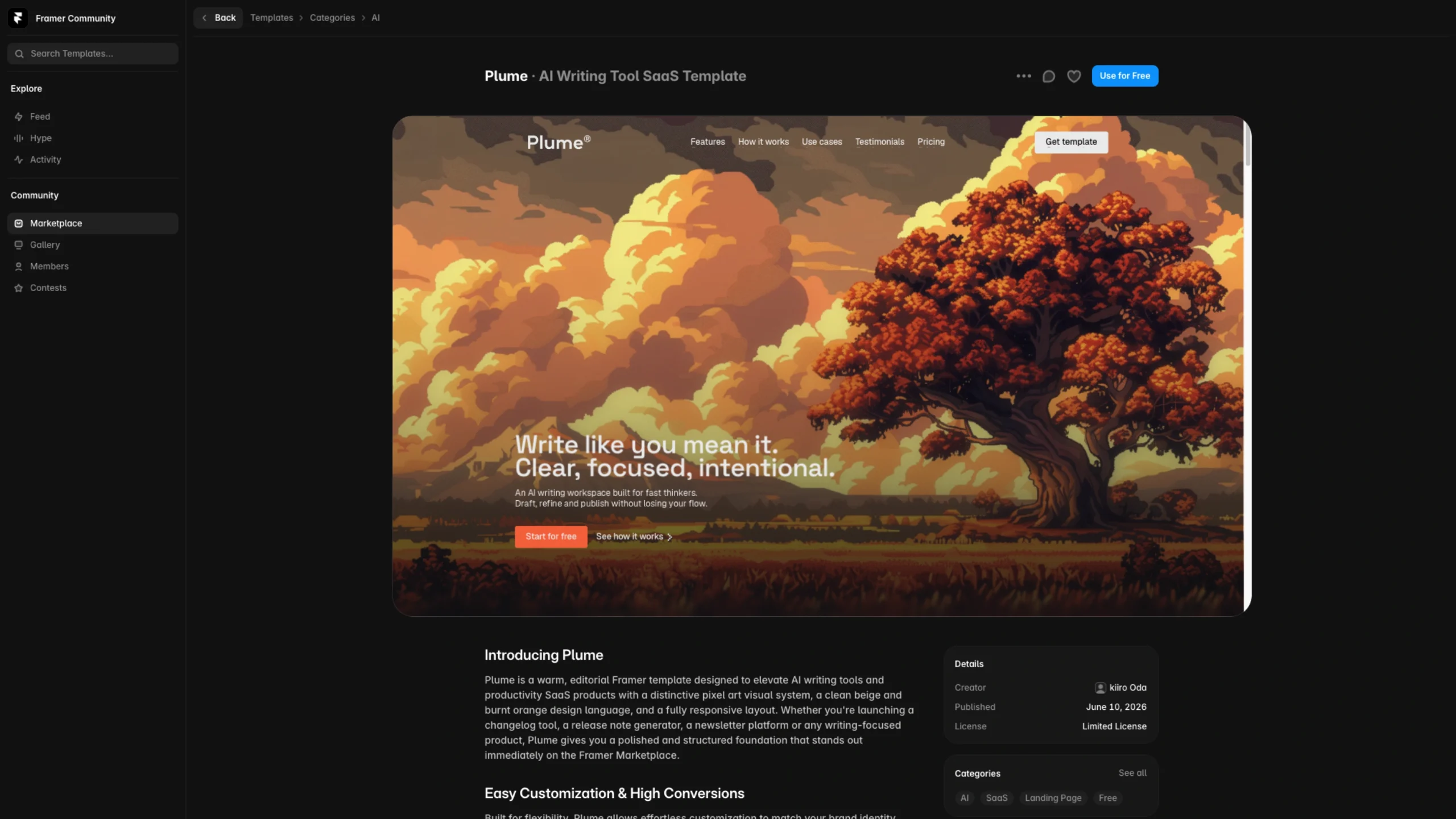 Plume – AI Writing Tool SaaS Framer Template